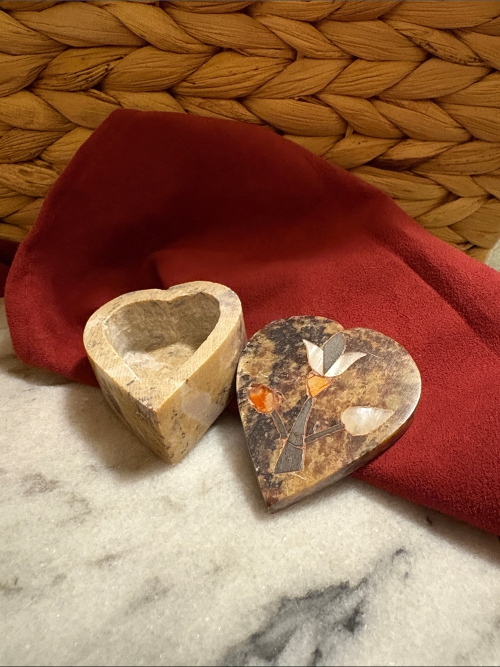 Handcrafted Heart-Shaped Stone Trinket Box with lid in Earth Tones